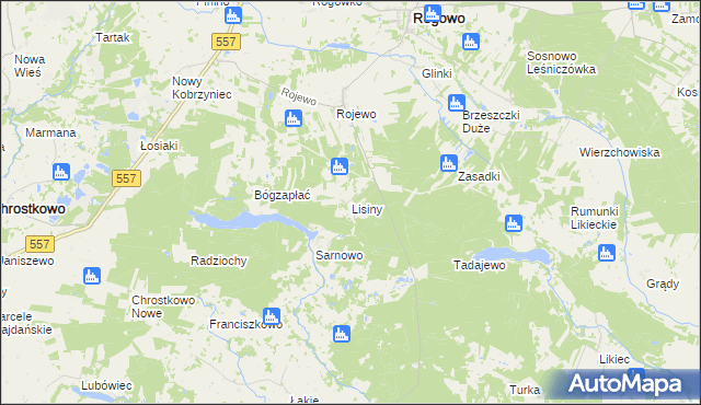 mapa Lisiny gmina Rogowo, Lisiny gmina Rogowo na mapie Targeo