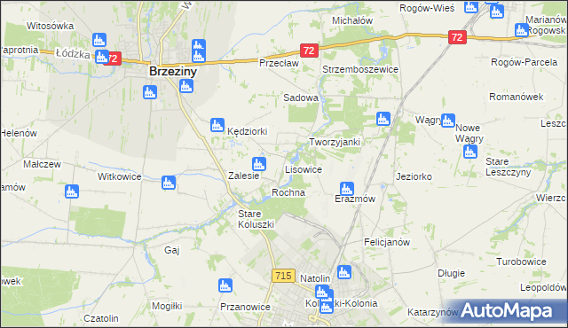 mapa Lisowice gmina Koluszki, Lisowice gmina Koluszki na mapie Targeo