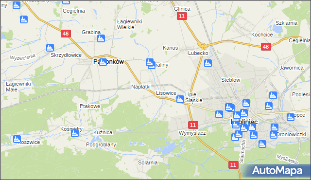 mapa Lisowice gmina Pawonków, Lisowice gmina Pawonków na mapie Targeo