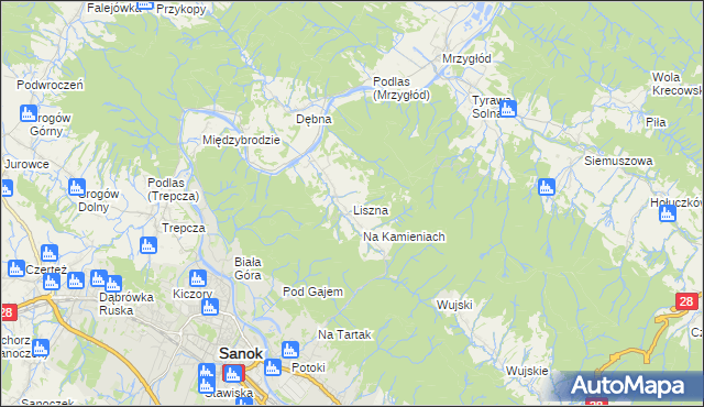 mapa Liszna gmina Sanok, Liszna gmina Sanok na mapie Targeo