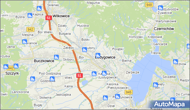 mapa Łodygowice powiat żywiecki, Łodygowice powiat żywiecki na mapie Targeo