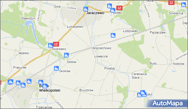 mapa Łowęcice gmina Jaraczewo, Łowęcice gmina Jaraczewo na mapie Targeo