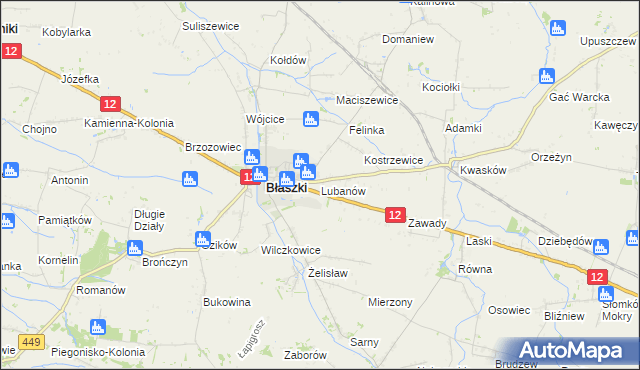 mapa Lubanów gmina Błaszki, Lubanów gmina Błaszki na mapie Targeo