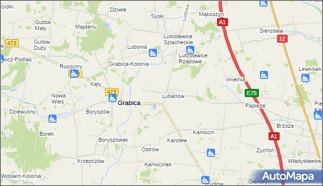 mapa Lubanów gmina Grabica, Lubanów gmina Grabica na mapie Targeo