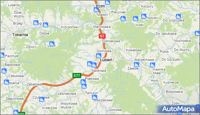 mapa Lubień powiat myślenicki, Lubień powiat myślenicki na mapie Targeo