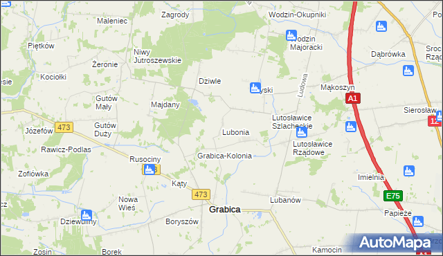 mapa Lubonia gmina Grabica, Lubonia gmina Grabica na mapie Targeo