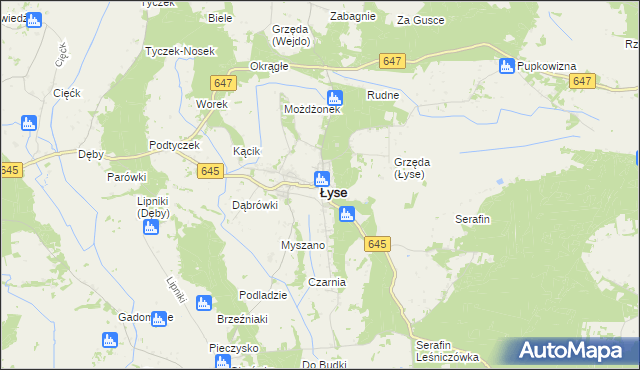 mapa Łyse powiat ostrołęcki, Łyse powiat ostrołęcki na mapie Targeo