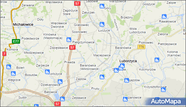 mapa Maciejowice gmina Kocmyrzów-Luborzyca, Maciejowice gmina Kocmyrzów-Luborzyca na mapie Targeo