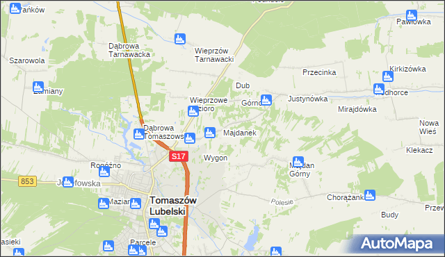 mapa Majdanek gmina Tomaszów Lubelski, Majdanek gmina Tomaszów Lubelski na mapie Targeo