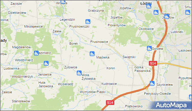 mapa Majówka gmina Pabianice, Majówka gmina Pabianice na mapie Targeo