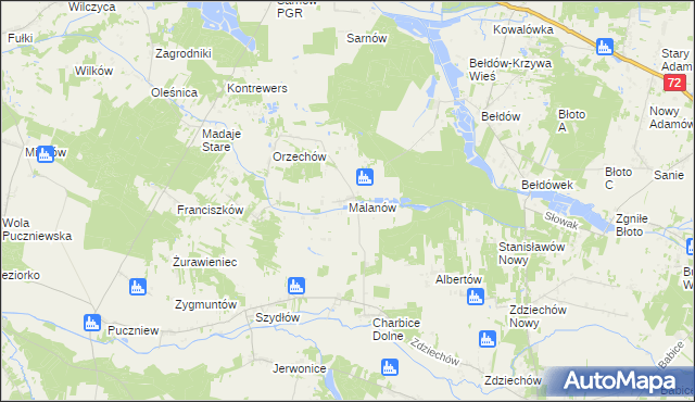 mapa Malanów gmina Lutomiersk, Malanów gmina Lutomiersk na mapie Targeo