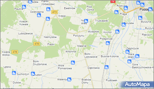 mapa Malenie gmina Poddębice, Malenie gmina Poddębice na mapie Targeo