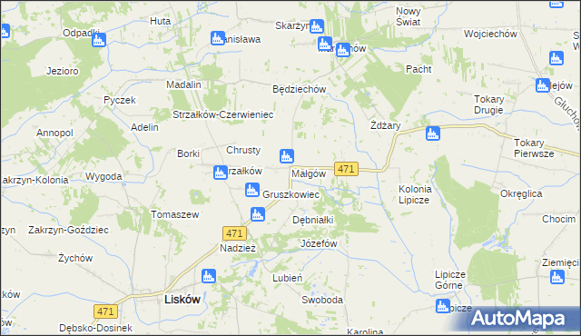 mapa Małgów gmina Lisków, Małgów gmina Lisków na mapie Targeo