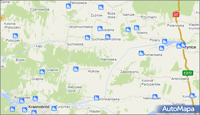 mapa Malinówka gmina Adamów, Malinówka gmina Adamów na mapie Targeo