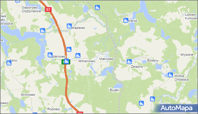 mapa Malinowo gmina Olsztynek, Malinowo gmina Olsztynek na mapie Targeo