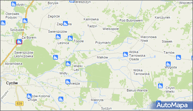 mapa Małków gmina Cyców, Małków gmina Cyców na mapie Targeo