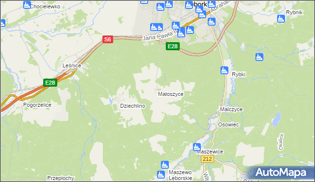 mapa Małoszyce gmina Nowa Wieś Lęborska, Małoszyce gmina Nowa Wieś Lęborska na mapie Targeo