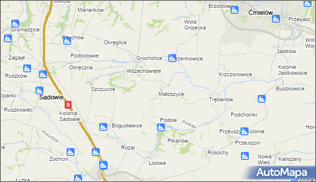 mapa Małoszyce gmina Sadowie, Małoszyce gmina Sadowie na mapie Targeo