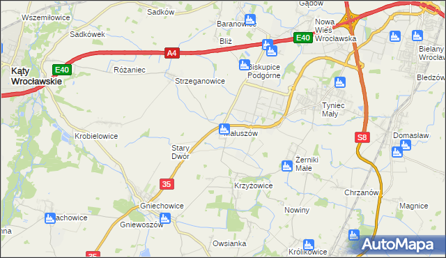 mapa Małuszów gmina Kobierzyce, Małuszów gmina Kobierzyce na mapie Targeo