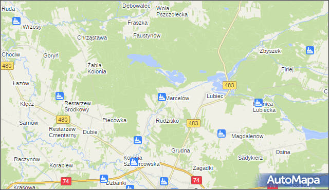 mapa Marcelów gmina Szczerców, Marcelów gmina Szczerców na mapie Targeo