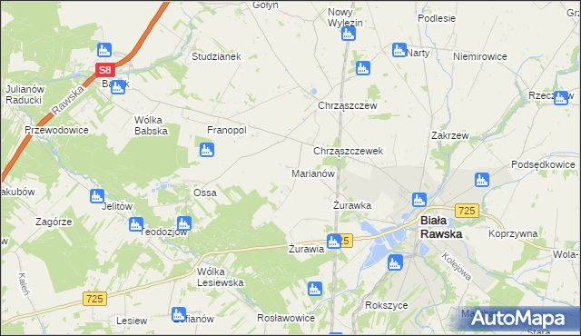 mapa Marianów gmina Biała Rawska, Marianów gmina Biała Rawska na mapie Targeo