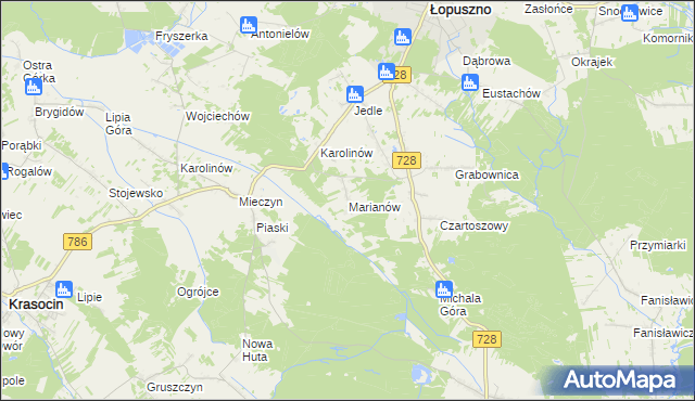 mapa Marianów gmina Łopuszno, Marianów gmina Łopuszno na mapie Targeo