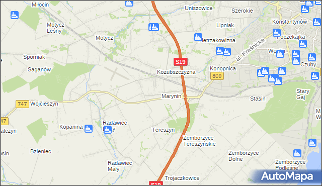 mapa Marynin gmina Konopnica, Marynin gmina Konopnica na mapie Targeo