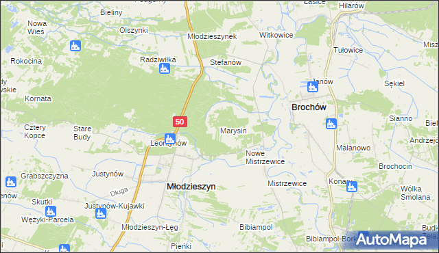 mapa Marysin gmina Młodzieszyn, Marysin gmina Młodzieszyn na mapie Targeo