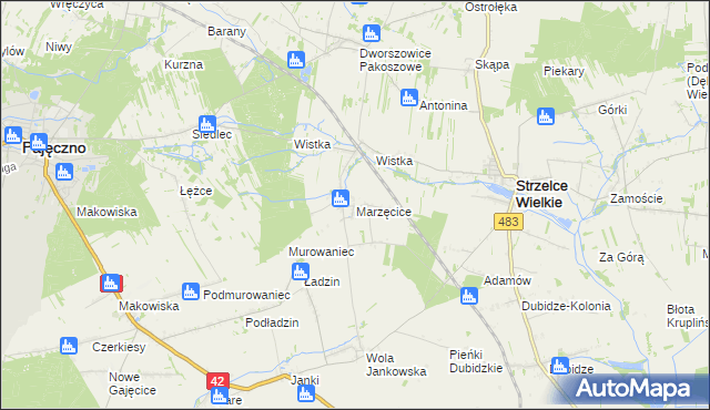 mapa Marzęcice gmina Strzelce Wielkie, Marzęcice gmina Strzelce Wielkie na mapie Targeo