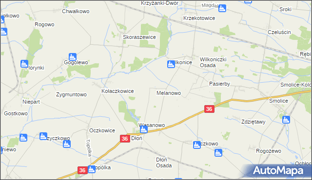 mapa Melanowo gmina Miejska Górka, Melanowo gmina Miejska Górka na mapie Targeo