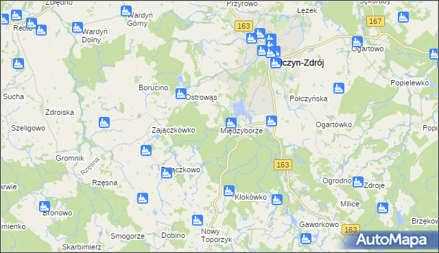 mapa Międzyborze gmina Połczyn-Zdrój, Międzyborze gmina Połczyn-Zdrój na mapie Targeo