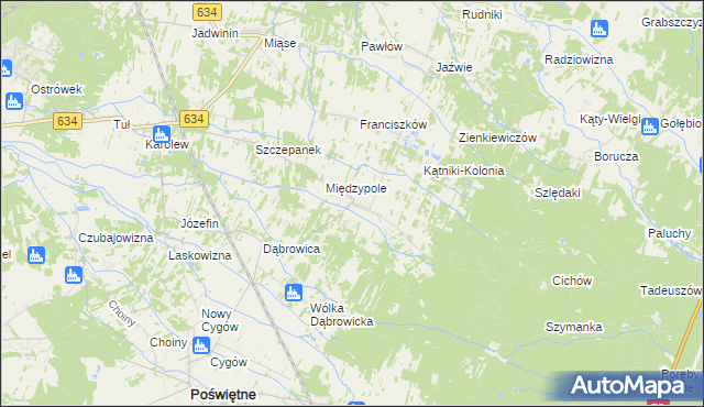mapa Międzyleś gmina Poświętne, Międzyleś gmina Poświętne na mapie Targeo