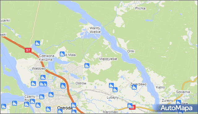 mapa Międzylesie gmina Ostróda, Międzylesie gmina Ostróda na mapie Targeo