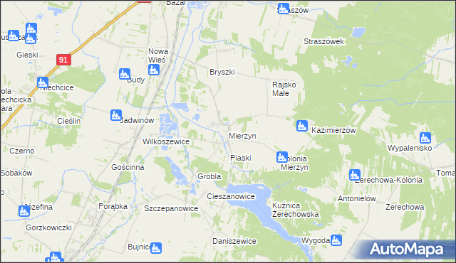 mapa Mierzyn gmina Rozprza, Mierzyn gmina Rozprza na mapie Targeo