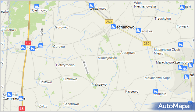 mapa Mikołajewice gmina Niechanowo, Mikołajewice gmina Niechanowo na mapie Targeo