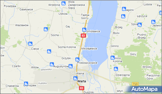 mapa Mikołajewice gmina Warta, Mikołajewice gmina Warta na mapie Targeo