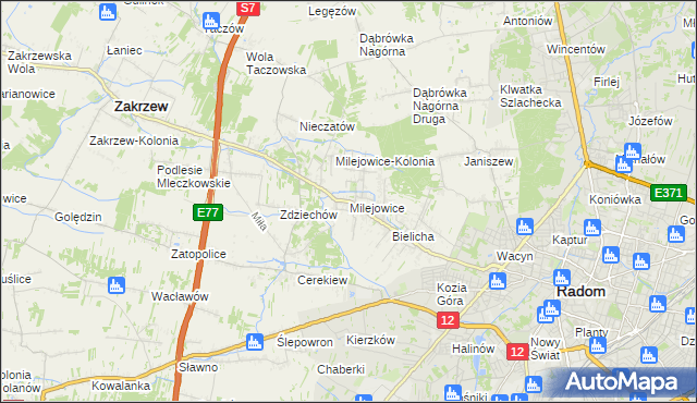 mapa Milejowice gmina Zakrzew, Milejowice gmina Zakrzew na mapie Targeo