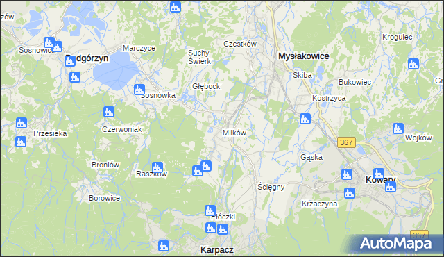 mapa Miłków gmina Podgórzyn, Miłków gmina Podgórzyn na mapie Targeo