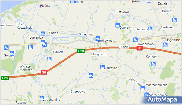 mapa Miłogoszcz gmina Będzino, Miłogoszcz gmina Będzino na mapie Targeo