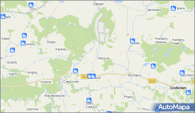 mapa Miłosna gmina Godkowo, Miłosna gmina Godkowo na mapie Targeo