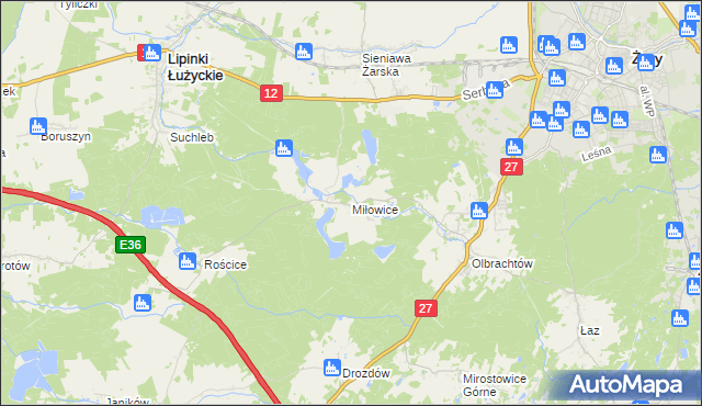 mapa Miłowice gmina Żary, Miłowice gmina Żary na mapie Targeo