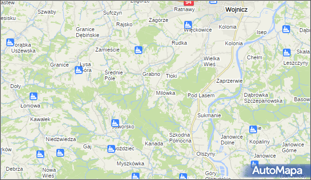 mapa Milówka gmina Wojnicz, Milówka gmina Wojnicz na mapie Targeo