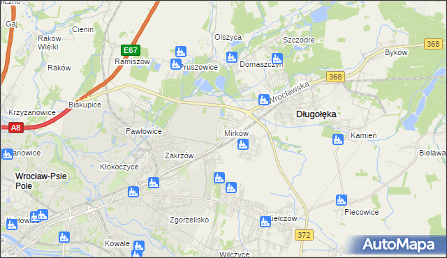 mapa Mirków gmina Długołęka, Mirków gmina Długołęka na mapie Targeo