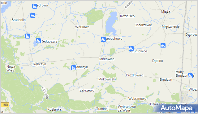 mapa Mirkowice gmina Mieścisko, Mirkowice gmina Mieścisko na mapie Targeo
