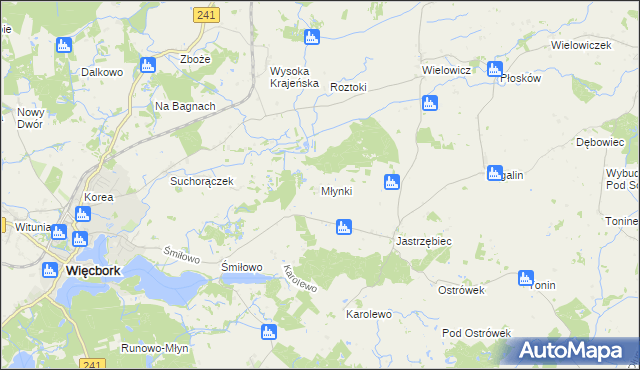 mapa Młynki gmina Więcbork, Młynki gmina Więcbork na mapie Targeo