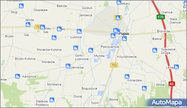 mapa Młynów gmina Piątek, Młynów gmina Piątek na mapie Targeo