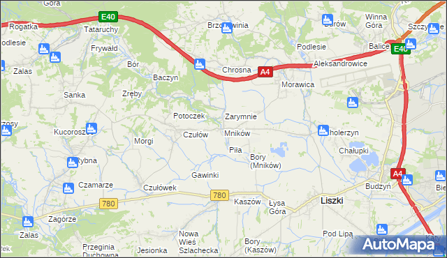 mapa Mników gmina Liszki, Mników gmina Liszki na mapie Targeo