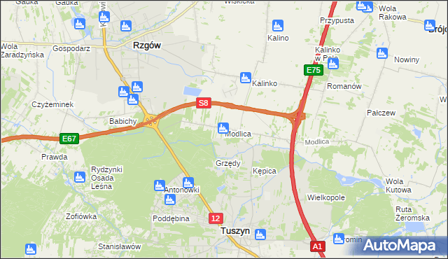 mapa Modlica gmina Tuszyn, Modlica gmina Tuszyn na mapie Targeo