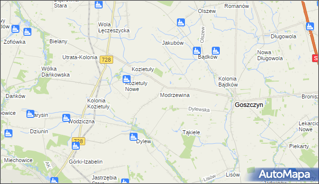 mapa Modrzewina gmina Goszczyn, Modrzewina gmina Goszczyn na mapie Targeo