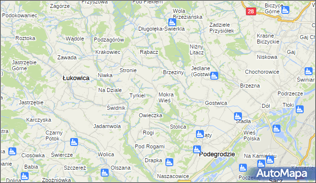 mapa Mokra Wieś gmina Podegrodzie, Mokra Wieś gmina Podegrodzie na mapie Targeo